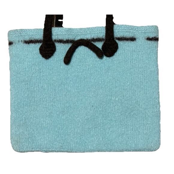 Vintage Robins Egg Blue & Brown Boiled Wool Purse Tote Bag Knit Soft Frowny Face - Picture 5 of 5